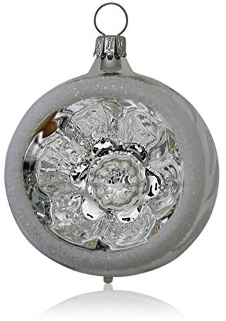 Reflexkugeln Silber mit Dekor 4 Stück Christbaumschmuck Weihnachtsschmuck mundgeblasen, handdekoriert Lauschaer Glas das Original