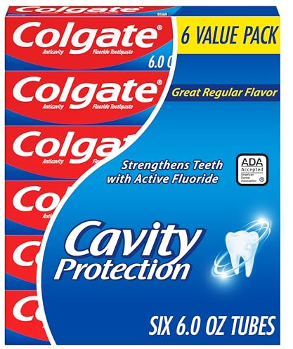 Colgate Cavity Protection Toothpaste with Fluoride, Minty Great Regular Flavor, Anti Cavity Toothpaste, 6 Pack, 6 Oz Tubes