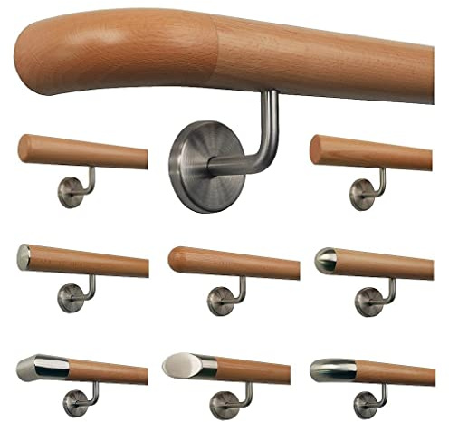 TIBU Barandilla de haya, pasamanos para escalera, mango de madera, con soporte de acero inoxidable, longitud 30 – 500 cm, variante: 30 cm, con 2 soportes de madera curvada
