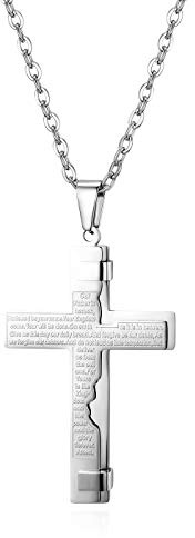 JewelryWe Herren Halskette, Edelstahl Englisch Bibel Gebet Kreuz Anhänger mit 55cm Kette, Silber/Gold/Schwarz, Ostern Geschenk