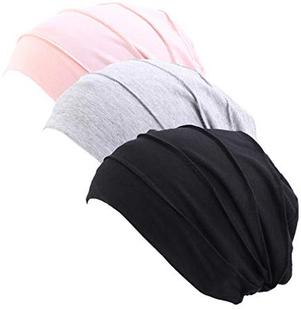 Ever Fairy 3 Stück Chemo Cancer Cotton Kopftuch Mütze Seide gefütterte Mütze Ethnic Cloth Turban Cap für Frauen (pink+Black+Gray)