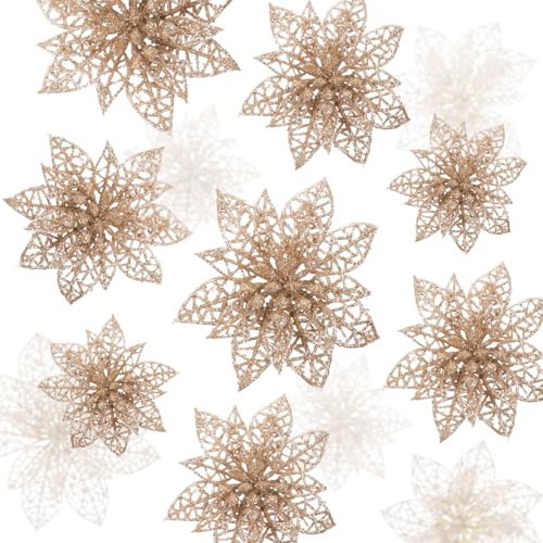 Naler Fleur de Noël Artificielle, 24 Pièces Ornement Paillette pour Arbre de Noël, Objet Décoratif 3 Tailles 8/10/15CM - Couleur Champagne