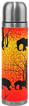 Linomo Thermosflasche Leopard Druck Elefant Muster Edelstahl Wasserflasche,Isoliert Auslaufsicher, Doppelwandig Vakuumflasche für Sport Reise Camping Büro 500 ml