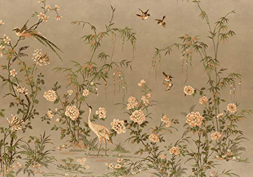 wandmotiv24 Fototapete Bambus Vögel Vintage, XL 350 x 245 cm - 7 Teile, Wanddeko, Wandbild, Wandtapete, China Zeichnung Vogel grün retro M6723