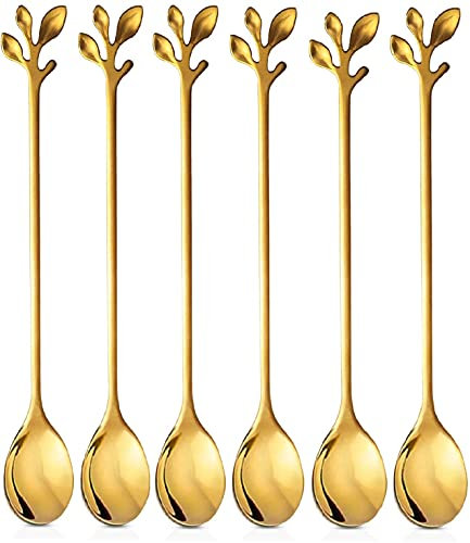 Nothers Eislöffel-Set mit langem Griff, 6 Stück 18,8 cm Eislöffel, Kreative Blattgold Cocktail Rührlöffel, Premium Edelstahl in Lebensmittelqualität Lange Löffel, Hochglanz Finish & Spülmaschinenfest