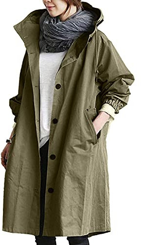 Sllowwa Cappotto lungo trench da donna con cappuccio monopetto spolverino elegante esteso al ginocchio antivento trench primavera autunno giacca capispalla con cappuccio, Verde militare, M