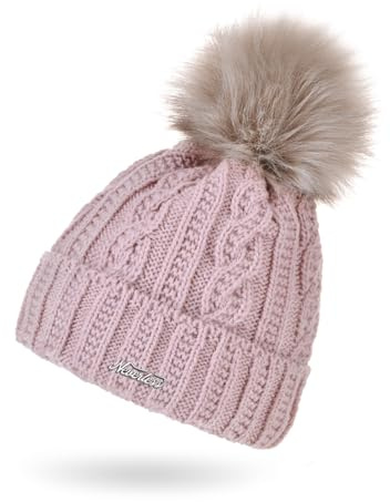 Neverless® Damen Strick-Mütze mit Innenfutter Fleece Fell-Bommel Kunstfell Bommelmütze Zopfstrickmuster Umschlag