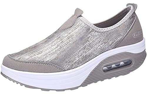 HOTRA Zapatillas Ortopédicas Mocasines Botas de Mujer Cuña de Plataforma Zapatos para Caminar Cuero Espuma de Memoria Ponerse Zapatillas Casual (Color : Silver 1, Size : 39 EU)