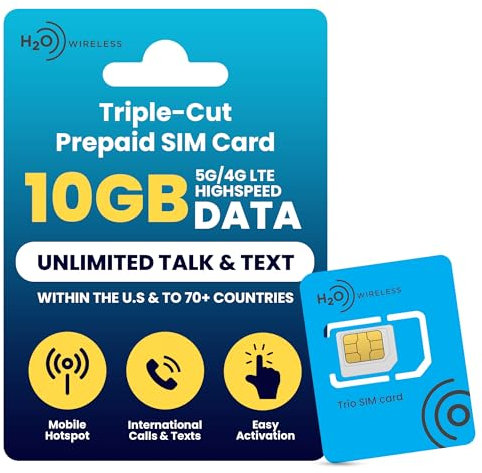 Tarjeta SIM Prepago Física H2O Wireless 30 Días Desde EE. UU. con 10GB de Datos 4G LTE/5G y 5GB de Hotspot, Datos Ilimitados, Llamadas y SMS a 70+ Países, SIM para Teléfonos Móviles en EE. UU