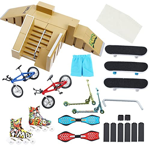 PLSOPPKG Skate Park kit, rampdelar för finger skateboard park kit, del träningsrekvisita med fingerskateboards, fingercyklar, skridskor och skotrar och mer (5 delar)