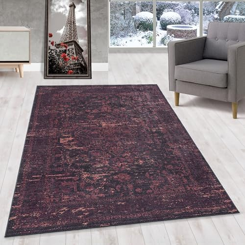 HomebyHome Waschbarer Kurzflor Teppich Schwarz 140x200 cm Vintage Design mit Rutschfester Rückseite, Hautfreundlich & Pflegeleicht, Ideal für Wohnzimmer, Schlafzimmer, Flur & mehr