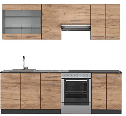 Vicco Küchenzeile Fame-Line, Goldkraft Eiche/Anthrazit, 240 cm ohne Arbeitsplatte, zur individuellen Erweiterung mit zusätzlichen Modulen geeignet