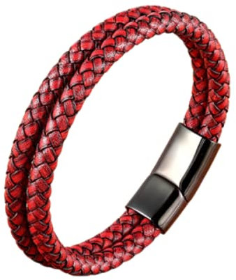 LIRU Lederarmband,Lederarmband Einfaches Doppelsträngiges Geflochtenes Lederarmband Modeaccessoires Verschluss Rotes Lederarmband Charm Schmuck Für Damen Herren Geschenk 19 cm