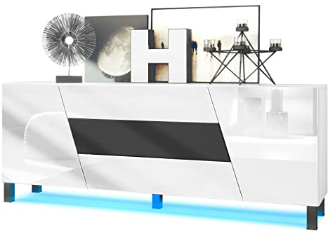 Vladon Sideboard Houston, Made in Germany, Kommode mit 2 Türen und 3 Schubladen, Korpus Weiß matt, Fronten Weiß Hochglanz, mittlere Schublade Schwarz matt, inkl. LED-Beleuchtung (178 x 69,5 x 38,5 cm)