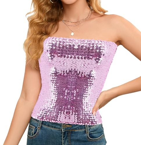 Naimo Top da Donna con Paillettes Crop Top Senza Maniche Tubo Top Senza Spalline Elasticizzate Canotta Sexy Top Lucide
