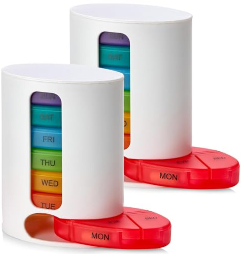MEDca Pillendose Woche, 1 Spender, 7 bunte Fächer, viermal täglich stapelbar – Morgen, Mittag, Abend und Schlafenszeit, Weiß, 2 Stück