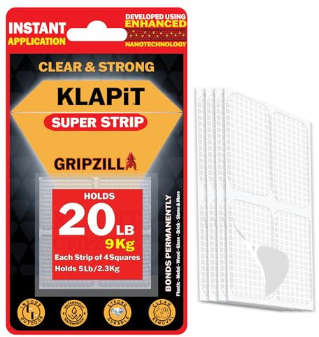 KLAPiT Super Strip GRIPZILLA Heavy-Duty Double-Sided Nano Mounting Tape, No-Residue, Multipurpose, Instant use – Ideal for Pictures, Furniture, Carpets – Holds up to 20lbs, 4 Precut Squares (16 pc)