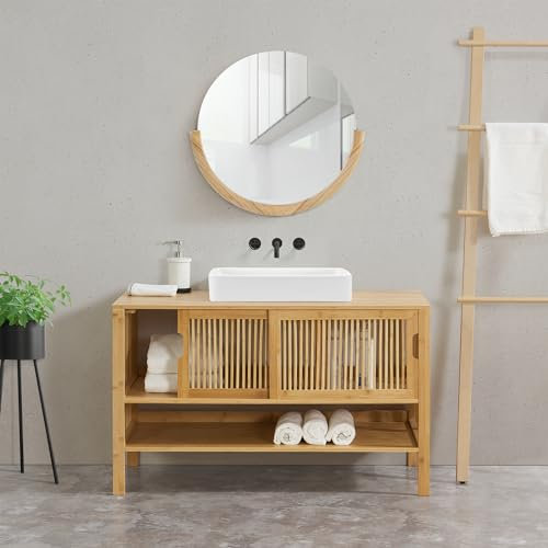 [en.casa] Armadio Sottolavabo Mobile da Bagno con 2 Ante Scorrevoli e Scomparto Aperto Armadietto in Bambù per Lavabo da Appoggio Mobiletto per Lavandino 60 x 100 x 45 cm