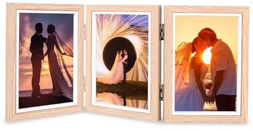 XTDMJ Bilderrahmen Collage für 3 Fotos, 10x15cm Faltbar Bilder Holzbilderrahmen mit Acrylplatte, Multirahmen für Hochzeit, Familie, Baby, Hellbraun, 6x4 Zoll