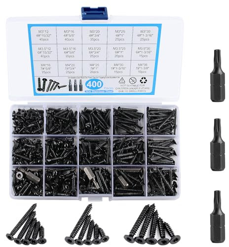 400 Stück Selbstschneidendes Schrauben-Sortiment-Set, Edelstahl-Senkkopf-Torx-Selbstbohrschrauben-Set, Holz-Trockenbauschrauben mit Bohrer-M3/M3,5/M4, 12mm/16mm/20mm/25mm/30mm/35mm-Schwarz