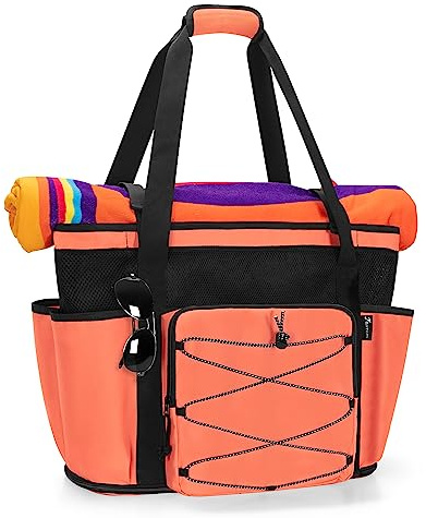 Fasrom Strandtasche XXL mit Reissverschluss unten, badetasche Groß | Mit Trennsystem mit 2 Schichten, Wasserdichter Tasche, 6 Elastischen Taschen und 1 Reißverschlusstasche für Strandutensilien