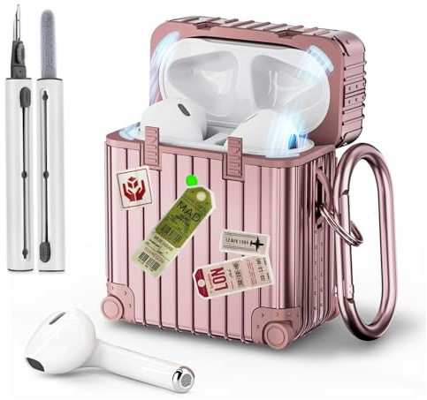VISOOM für Airpods 2 & 1 Hülle mit Reinigungsset, Roségold | niedlich Suitcase stoßfeste TPU Schutzhülle für Airpods 1/ 2 Case mit DIY-Aufklebern, Front-LED Sichtbar, Kabelloses Laden