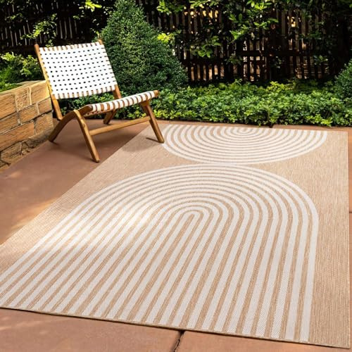 Taracarpet In & Outdoor Teppich Wetterfest Wohnzimmer Balkon Küchenteppich Terrassenteppich Flachgewebe Sisaloptik mit Muster Boho Kreise Natur beige 300x400 cm