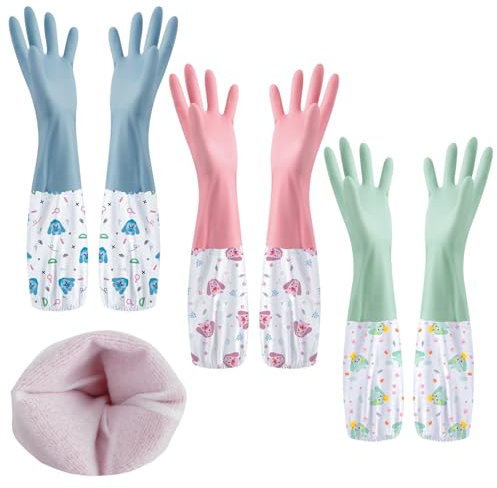 SHAIDOJIO 3 Paar Haushaltshandschuhe, Lange Spülhandschuhe mit Futter-46cm, Wasserdichte Putzhandschuhe Gummihandschuhe Lang für Küche Bad Wäscherei Gartenarbeit Haustierpflege-3 Farben