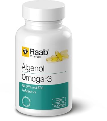 Raab Vitalfood® Algenöl Omega-3 Kapseln (75 Stück) - Omega-3 Vegan aus Algenöl, mit DHA und EPA (2:1), nachhaltige Alternative zu Fischöl, Omega-3 Fettsäuren DHA 250 mg und EPA 125 mg pro Kapsel