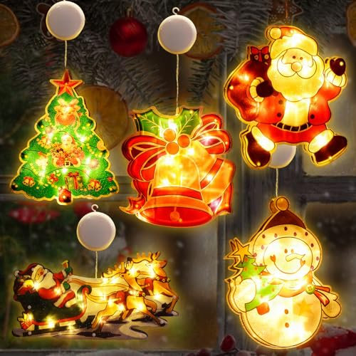 5 Stück Fensterdeko Weihnachten, LED Weihnachtsdeko Fenster - Batteriebetriebene mit Saugnäpfen für Weihnachtsdeko Innen Außen, Balkon, Fensterdeko - Weihnachtsbeleuchtung Fenster für Partys und Feste