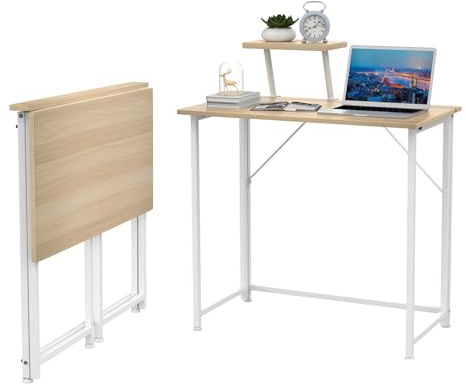 Scrivania Pieghevole con Supporto per Monitor Rimovibile, Tavolo Pieghevole per PC, 80x45x74cm Tavolo per Computer, Piccola Scrivania, Tavolo da Studio Porta PC Stabile e Salvaspazio(legno-A)