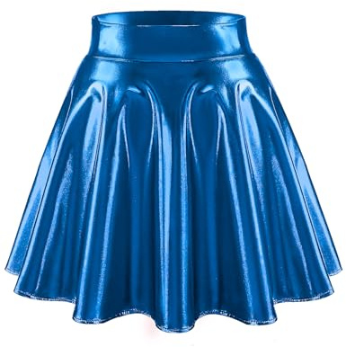 Bridesmay Falda Skater Acampanada para Mujer - Falda Corta Elástica Brillante con Talle Alto para Fiesta, Noche de Discoteca y Baile TJ Blue XL