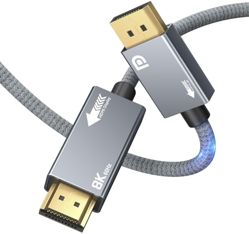 Unidirectional DisplayPort 1.4 zu HDMI 2.1 Kabel, 8K 60Hz 4K 120Hz 144Hz 2K 240Hz, HDR, Nur von DP zu HDMI Für NVIDIA AMD GPU Gaming PC Laptop zu Monitor TV Projektor Ultra Schnell Stabil (3M)
