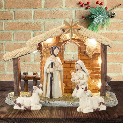 Hebaogugu Christmas Nativity Set, 2025 Xmas Nativity Scenes with Light, Handmade Resin The Jesus of Birth Tabletop Scene for Home Decor (Medium,5pcs)