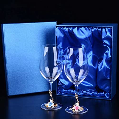 Pintado a mano esmalte copas de vino con caja de Copa de gran dureza con tallo de cristal, juego de copas de vino de cristal sin plomo, copa de vino tinto de 350 ml, 2 copas de vino con caja de regalo