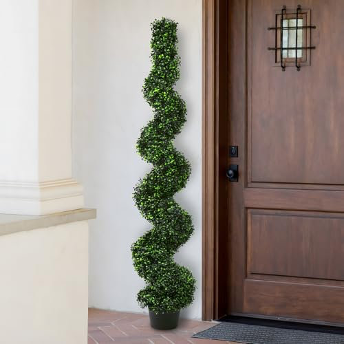 Coonoble Artificial Trees, 6' Tall Boxwood Spiral Faux Topiary Outdoor Set of 1, Fake Topiary Boxwood Plant with Planters for Front Porch Home Green Décor Fall Decorations