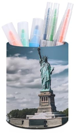 Porte-crayons de bureau en cuir avec statue de la liberté à New York - Pot à crayons rond - Rangement élégant pour pinceaux de maquillage - Décoration de bureau - Organiseur de stylo pour la maison et