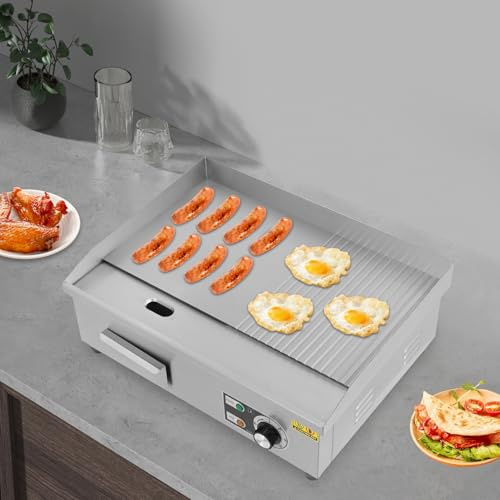 3000W Kommerzieller Elektrogrill, 36x30cm/30x18cm, Links flach, Rechts vertieft, halbflacher Arbeitsplattengrill Edelstahl Restaurantgrill aus Fleisch Steak Pfannkuchen, Präzise Temperaturregelung