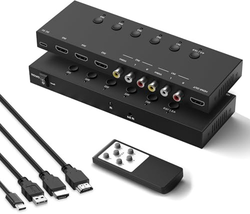 2-in-1 HDMI & AV Switcher – Play PS5 & Retro Games on 1 TV, 3 HDMI 2.0 (4K HDR) + 2 RCA Inputs – Supports Xbox Series X/Switch/Wii/PS2/N64 – HDCP 2.2, 3D, 4:3/16:9 Toggle
