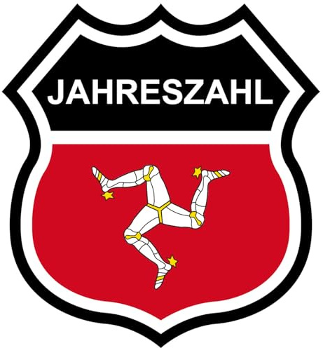 Samunshi® Isle of Man Wappen mit Flagge und Jahreszahl Fahne Aufkleber Insigne Wohnmobil Aufkleber für Motorrad Fahrrad Roller oder Camper Camping Wohnwagen Mountainbike Rennrad 7,4 x 8cm