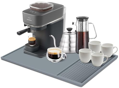 Large Silicone Coffee Machine Mat with Raised Edges, 40.5x61 cm Coffee Counter Protector with 19 x 40 cm Dish Drying Mat Multi-Functional Base Pad for Kitchen Countertop Bar Worktop(Grey)