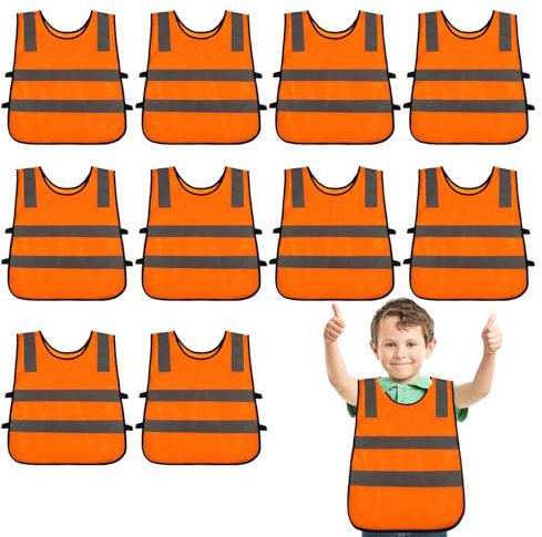 PORFOYO Lot de 10 Gilet de Sécurité pour Enfants, Gilet Securite Enfant, Gilet de Sécurité Enfants, Gilet Fluo Enfant, Gilet Reflechissant Enfant pour école, Sport, Course à Pied, Vélo (Orange)