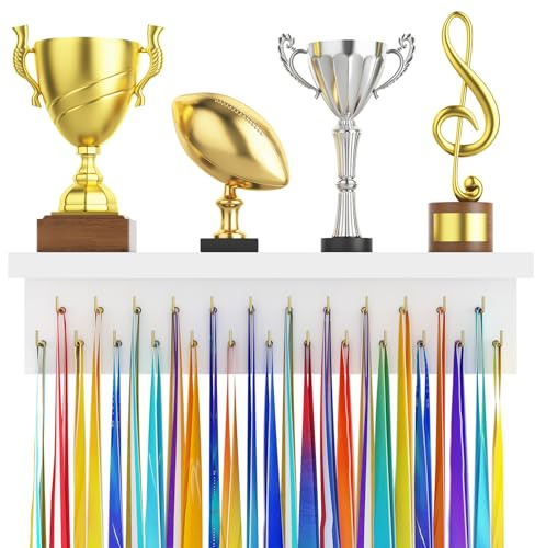 D.S.Exthefic Medaillenhalter und Pokal Organisator Ständer, Trophäen Wandhalterung aus Holz mit 25 Stahlhaken, Auszeichnung Aufbewahrungsregal für Sportbegeisterte