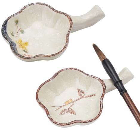 PH PandaHall 2 Styles Flower Ceramic Ink Plate Porcelain Ink Well Dish with Handle Calligraphy Brush Holder Multifunctional Inkwell Dish for Chinese Calligraphy Writings Japanese Painting Practice