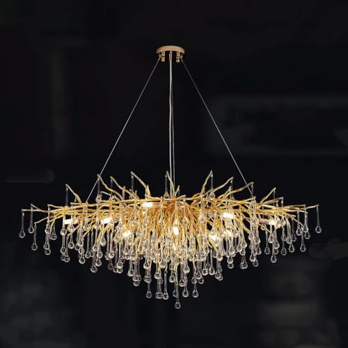 Leomix Baumzweig-Kronleuchter, L 100 cm, Gold, Luxuriöse Rechteckige Kristall-Regentropfen-Pendelleuchte, 10 Lichter, Kücheninsel-Hängeleuchte Für Wohnzimmer, Esszimmer, Foyer, Eingangsbereich