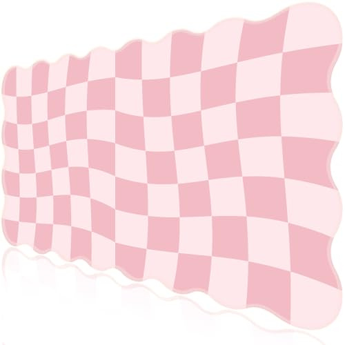 L-SPOUTTO Pink Mouse Pad,Geometric Desk Mat XXL Large Scalloped Gaming Mousepad,35.4x15.7in Non-Slip Rubber Base Keyboard Pad Waterproof Desktop Mat for Laptop Computer Game Home Office-Checkered