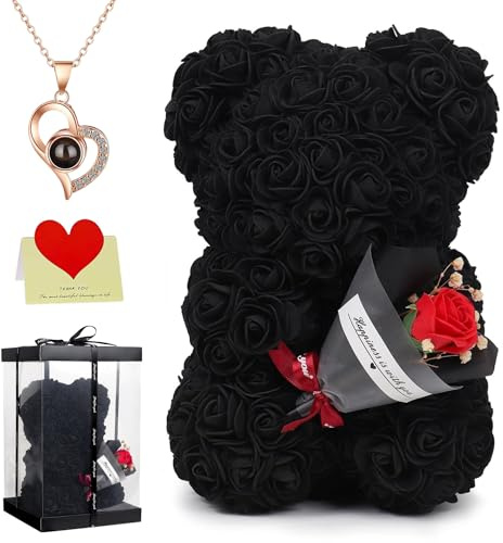 Rosenbaer mit Strauss und Geschenkbox, 25 cm kuenstlicher Blumen Teddybear, Romantisches Geschenk Fuer Jahrestag, Weihnachten, Hochzeit (Tiefschwarz)