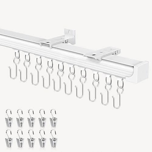 Ceiling Curtain Track 3–6 ft White - Heavy Duty Ceiling/Wall Mount Curtain Rail/Rod System, 20 Quiet-Glide Rollers, 20 Hooks, 20 Clips, Room Divider for Living Room, Bathroom or Hospital