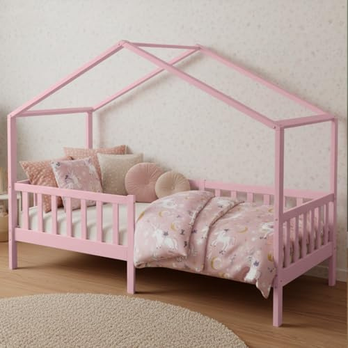 Bellabino Bia Kinderbett 90x200 cm, Hausbett, Rosa, mit Rausfallschutz | Montessori Holzbett aus Massivholz Kiefer, mit Lattenrost, für Jungen & Mädchen, Kinderzimmermöbel, Bettgestell, Holzrahmen