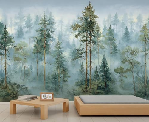 Grüne Waldtapete, nebliger Wald, Kindertapete, Aquarell, Wald, Wandbild für Mädchen, Schlafzimmer, Wohnzimmer, 450 x 300 cm